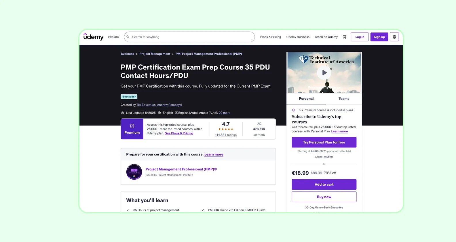 The main page of Udemy’s course on PMP certification 