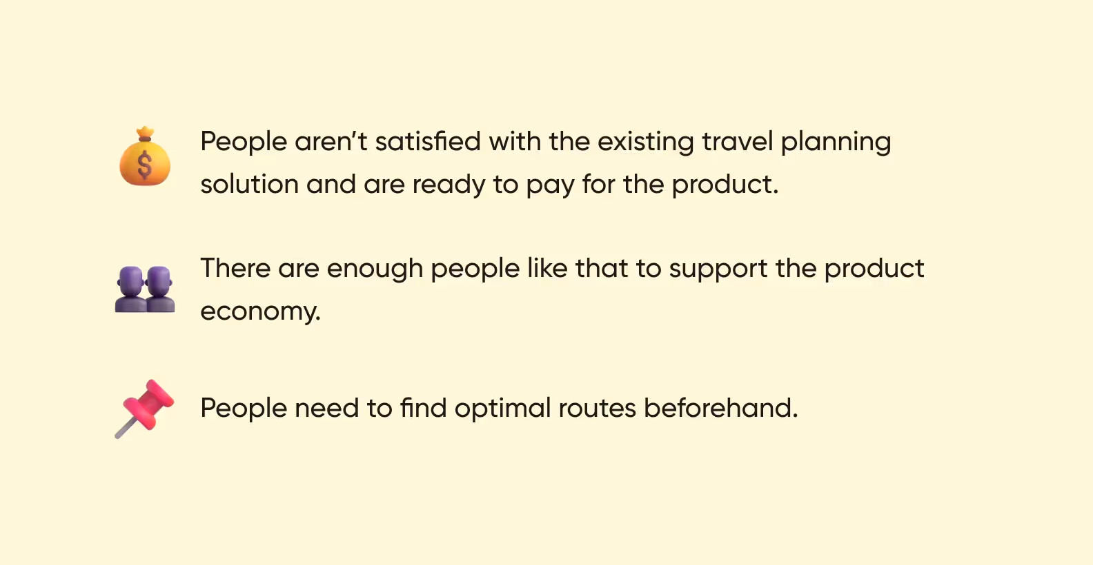 Three hypotheses for a travel app