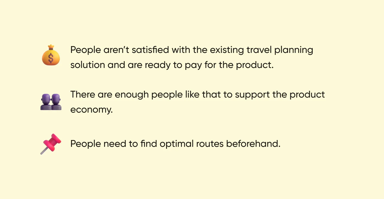 Three hypotheses for a travel app
