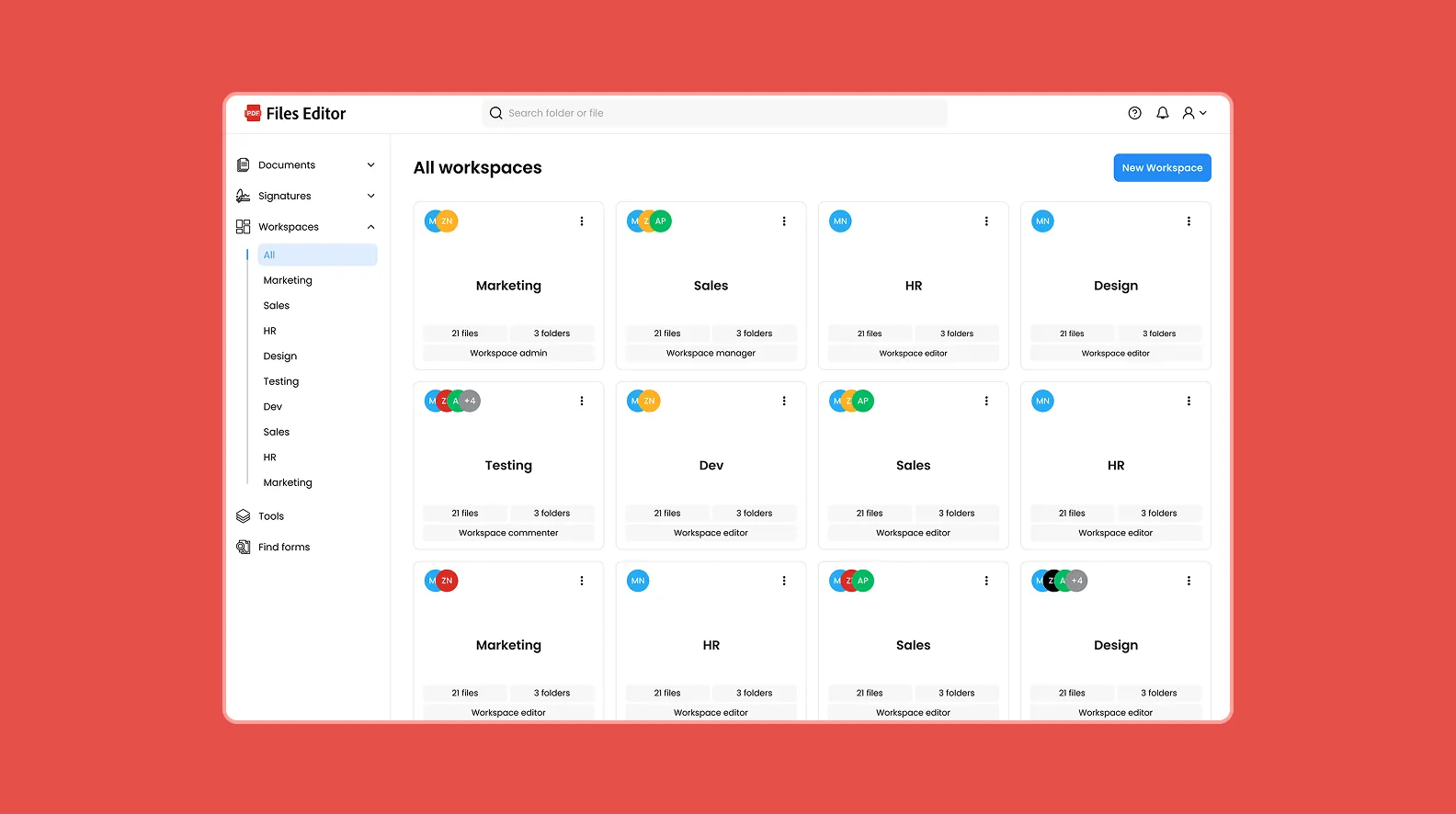 Страница со всеми рабочими пространствами по разным командам