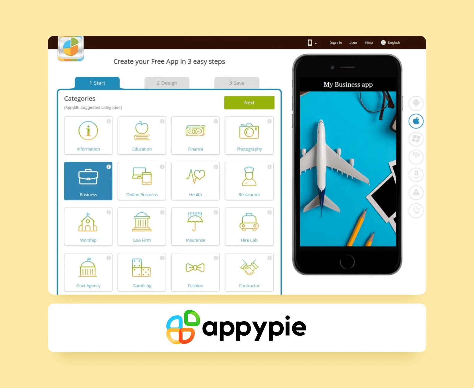 Логоти и скриншот компании Appypie