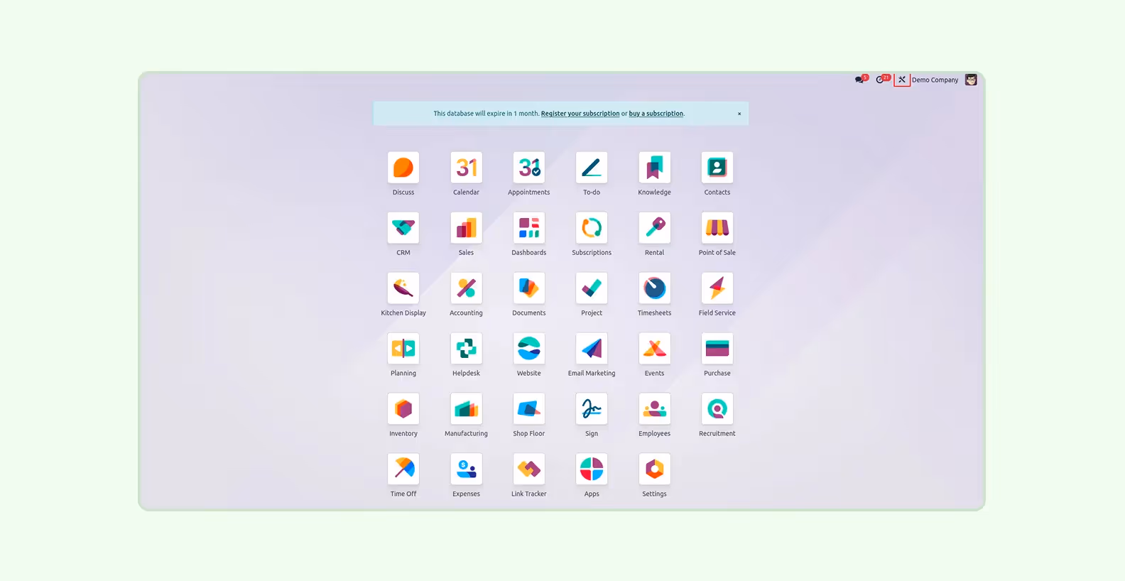 A main dashboard of Odoo, an ERP system