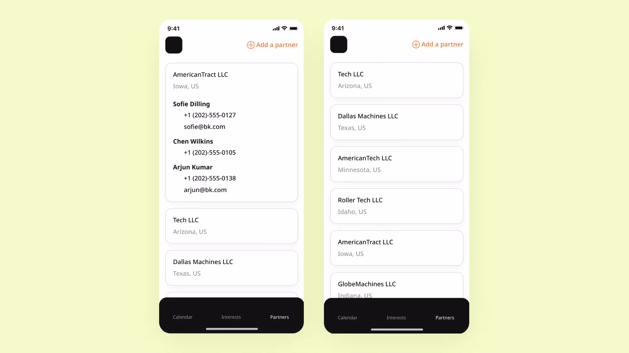 Two screens of the mobile CRM app