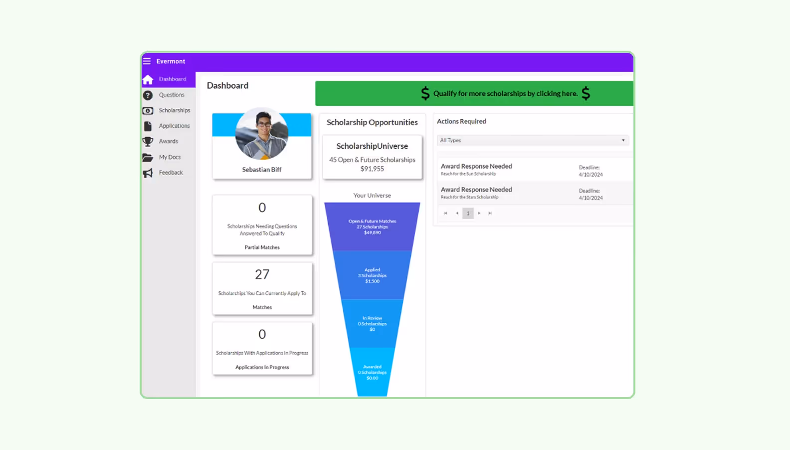 Screenshot of the Ellucian interface showing the scholarships module