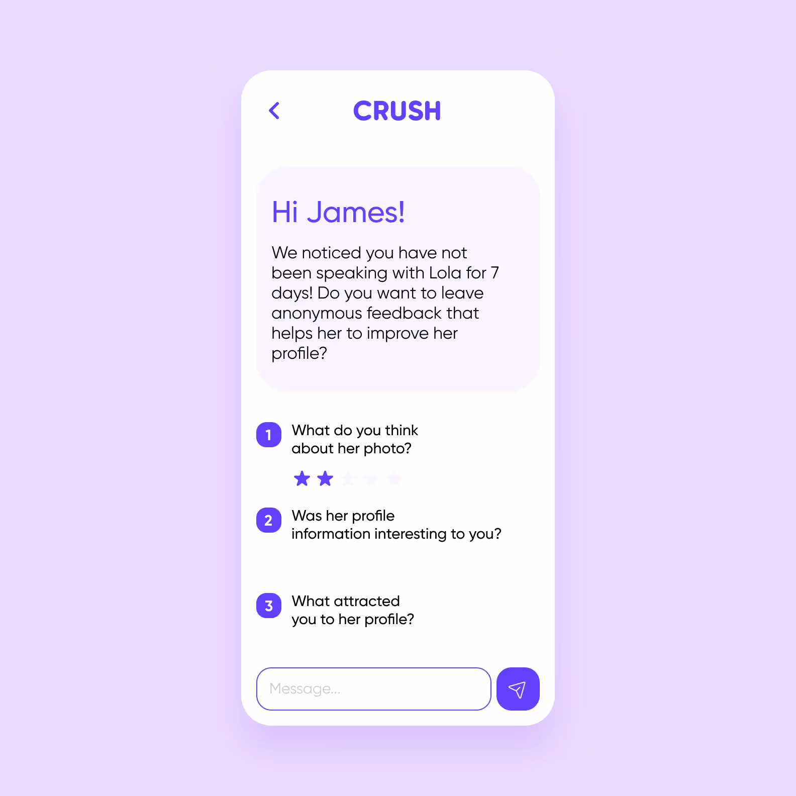 example of suggestion of giving profile feedback for dating application