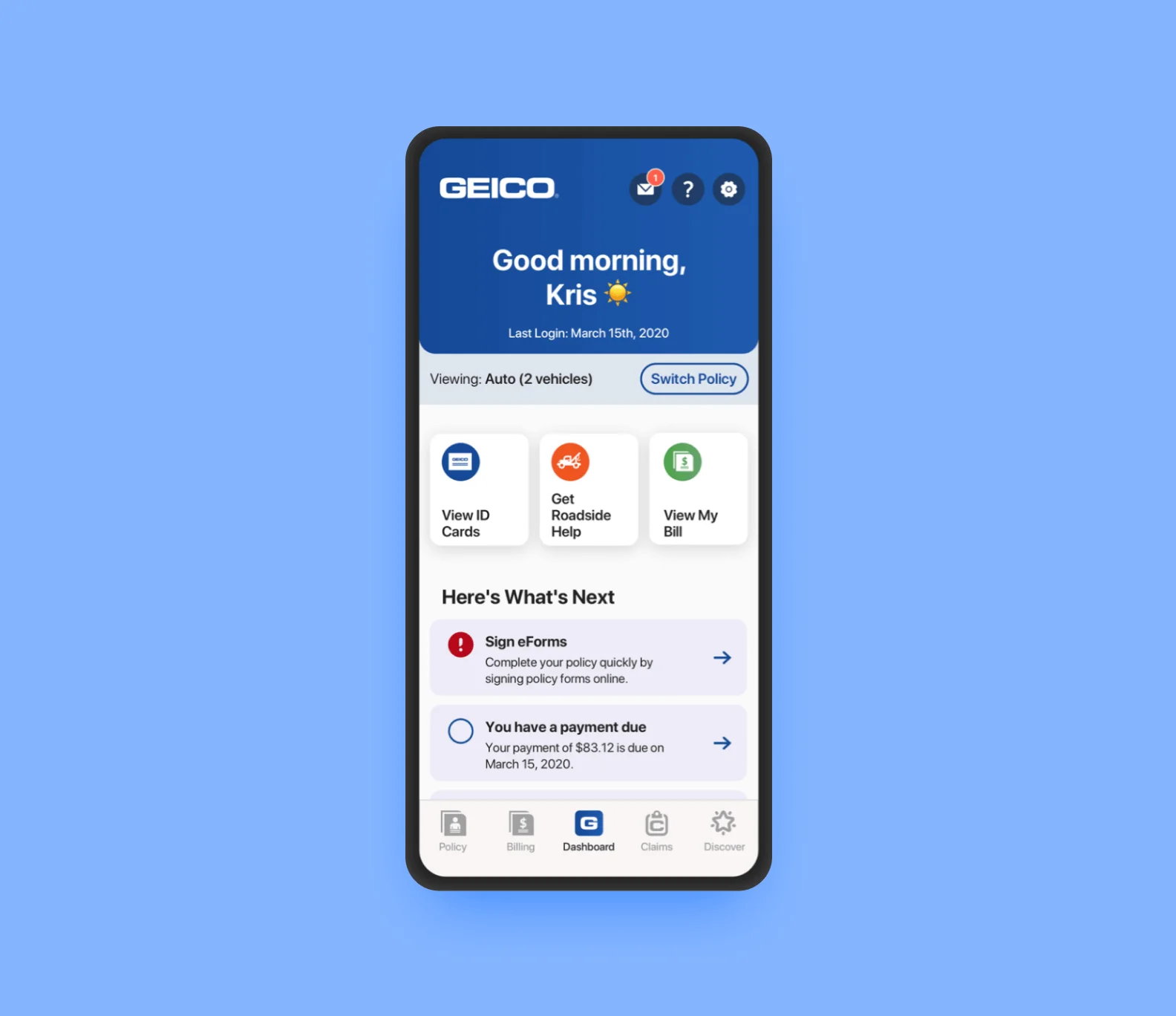 GEICO Mobile app screens