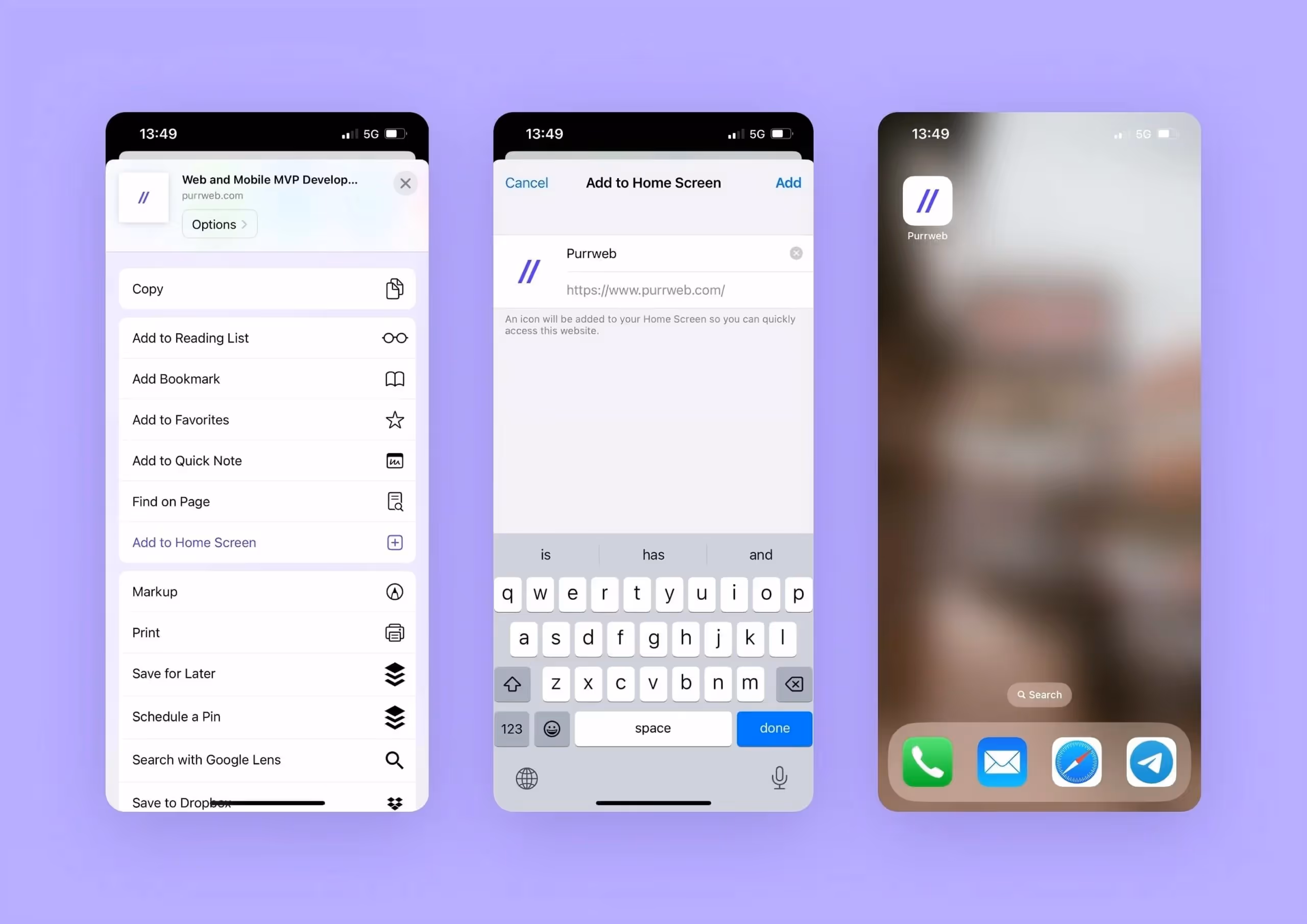 Three screens with step-by-step instructions on how to install a Purrweb’s PWA on iPhone