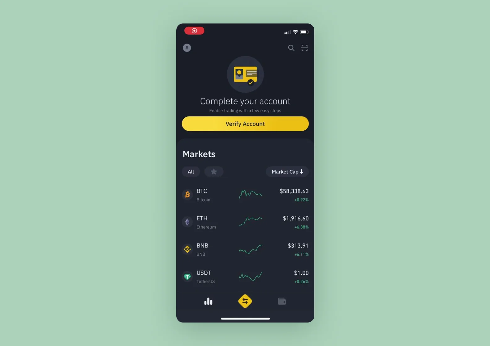 Binance exchange platform with investment app elements