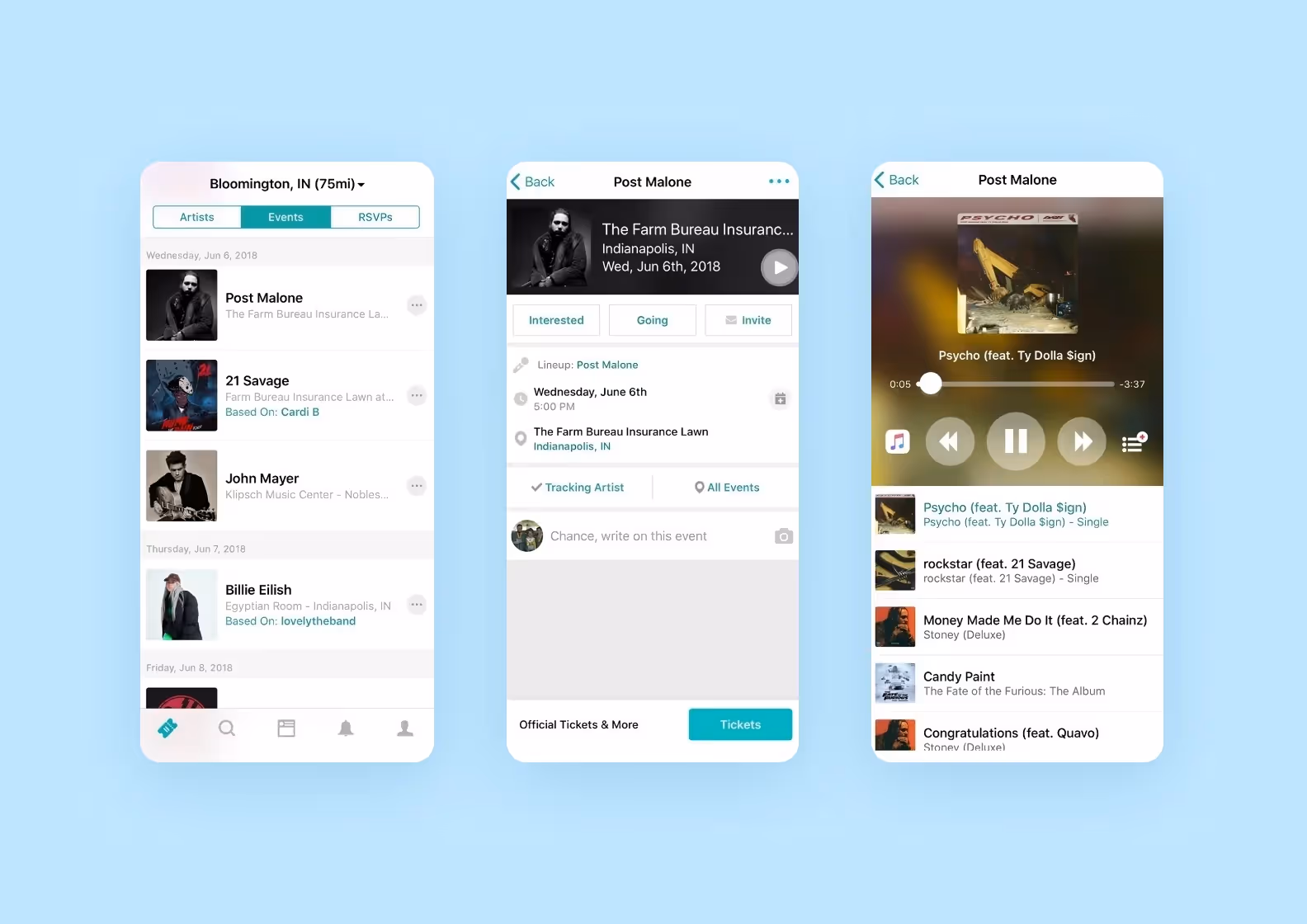 A concert tracking feature within a music streaming app