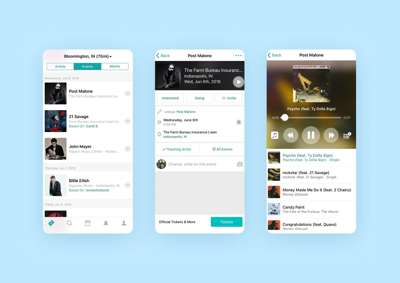 A concert tracking feature within a music streaming app