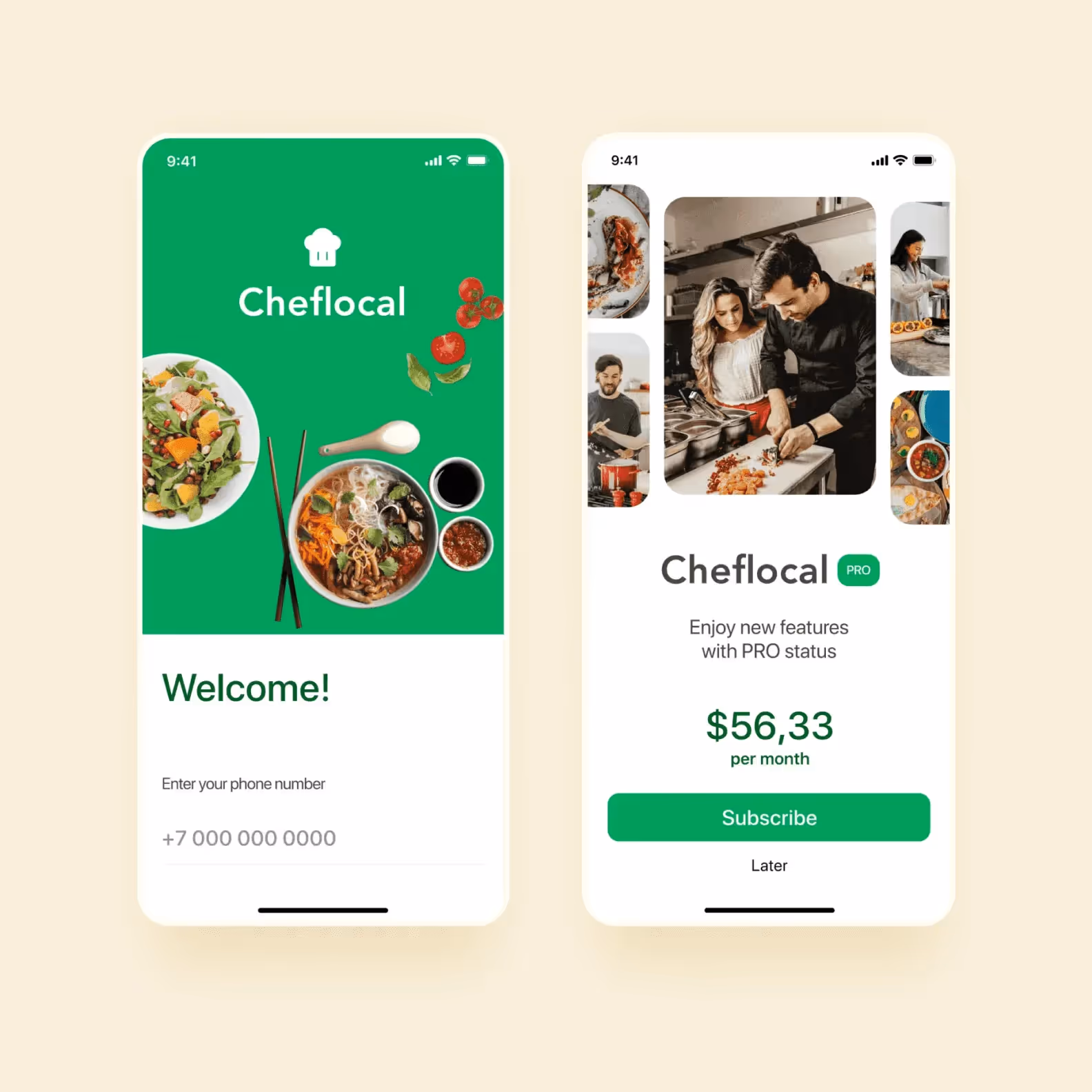 Screenshots of Talentum, a mobile app that connects customers with top-notch freelance chefs