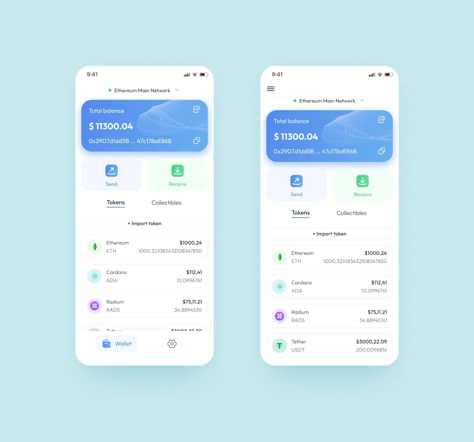 Two screenshots of the crypto wallet app