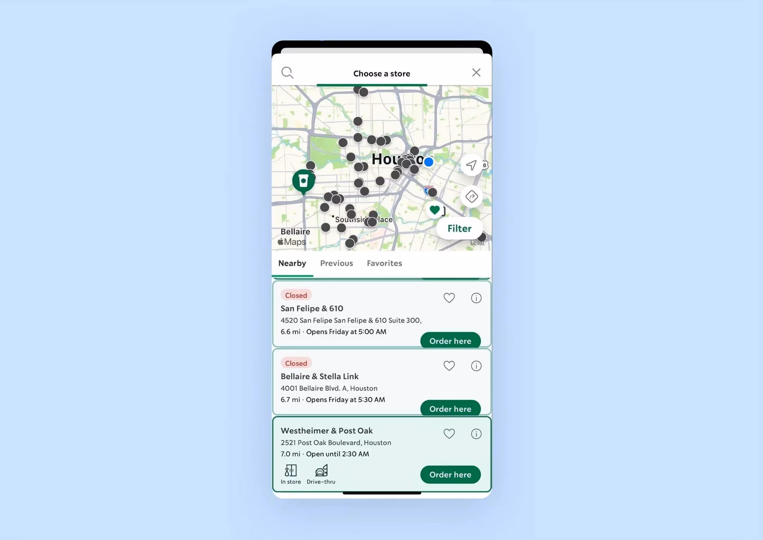 A screenshot of a Starbucks app with a partial map view and a partial list view displaying a list of coffee stores nearby.