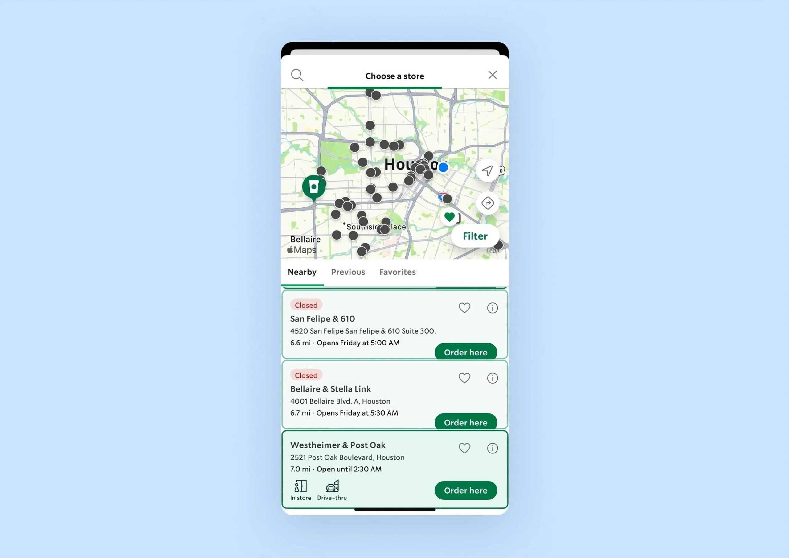 A screenshot of a Starbucks app with a partial map view and a partial list view displaying a list of coffee stores nearby.
