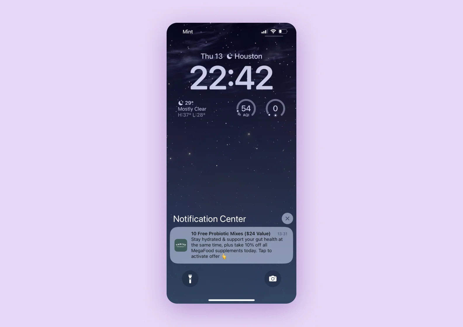 A screenshot of an iPhone home screen showing a notification with a special discount for probiotics.
