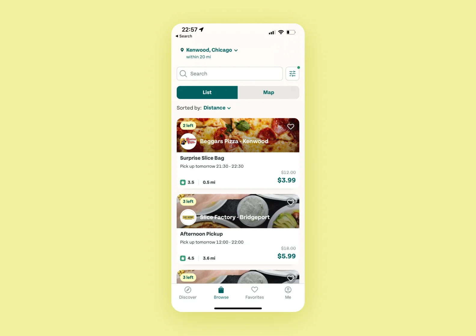 A screenshot with a list of restaurants sorted by distance