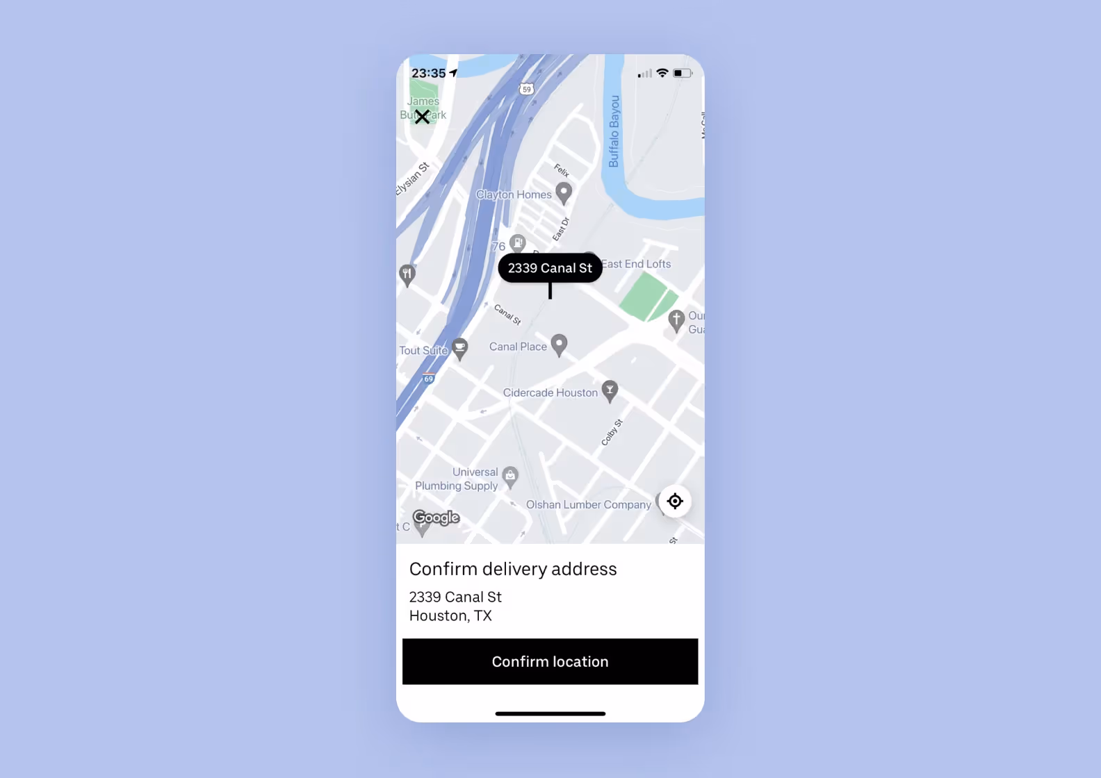 A screenshot of an Uber Eats ordering page with a map view and a pin on user’s location