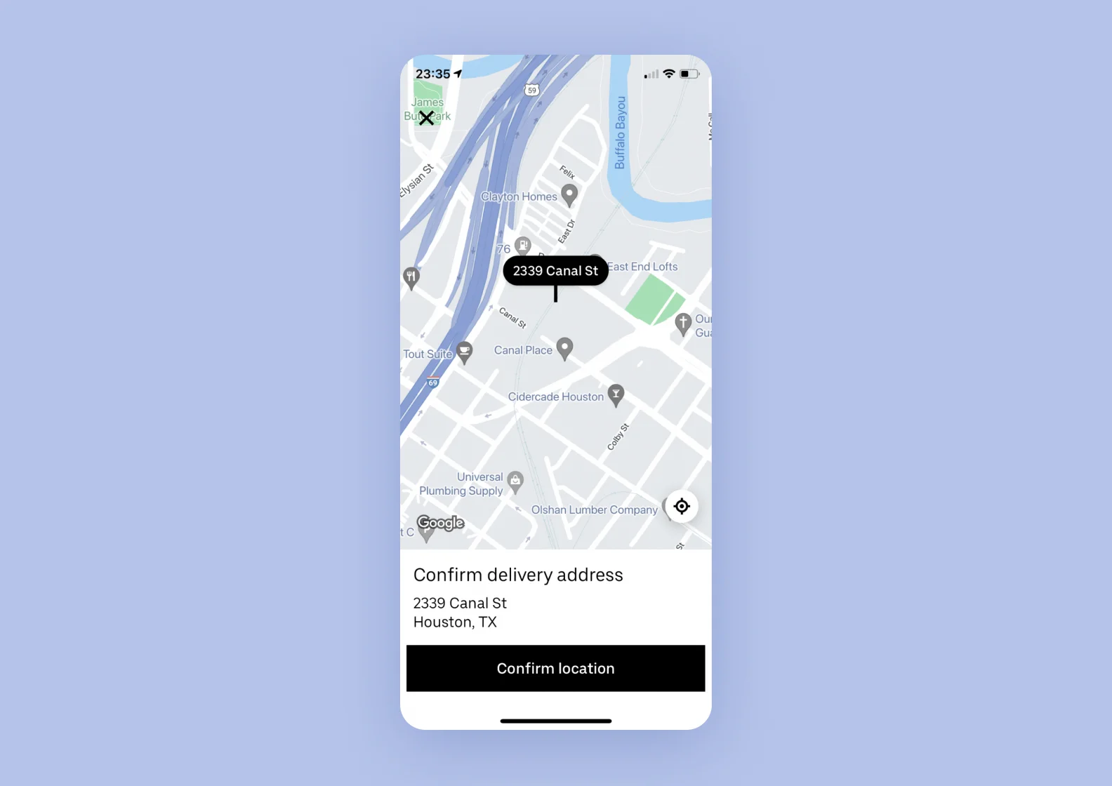 A screenshot of an Uber Eats ordering page with a map view and a pin on user’s location
