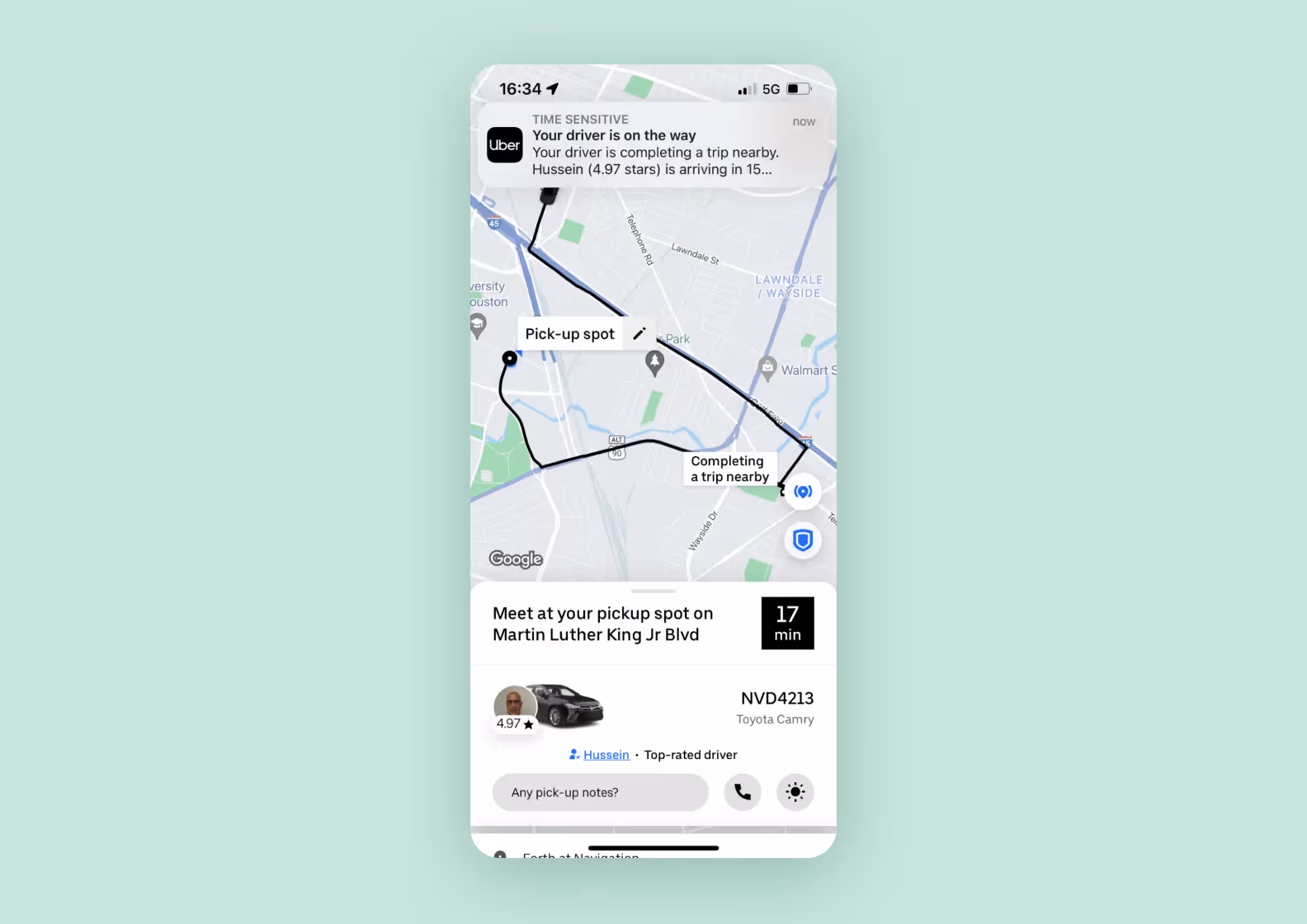 A screenshot of a user’s side page on Uber with information about a ride