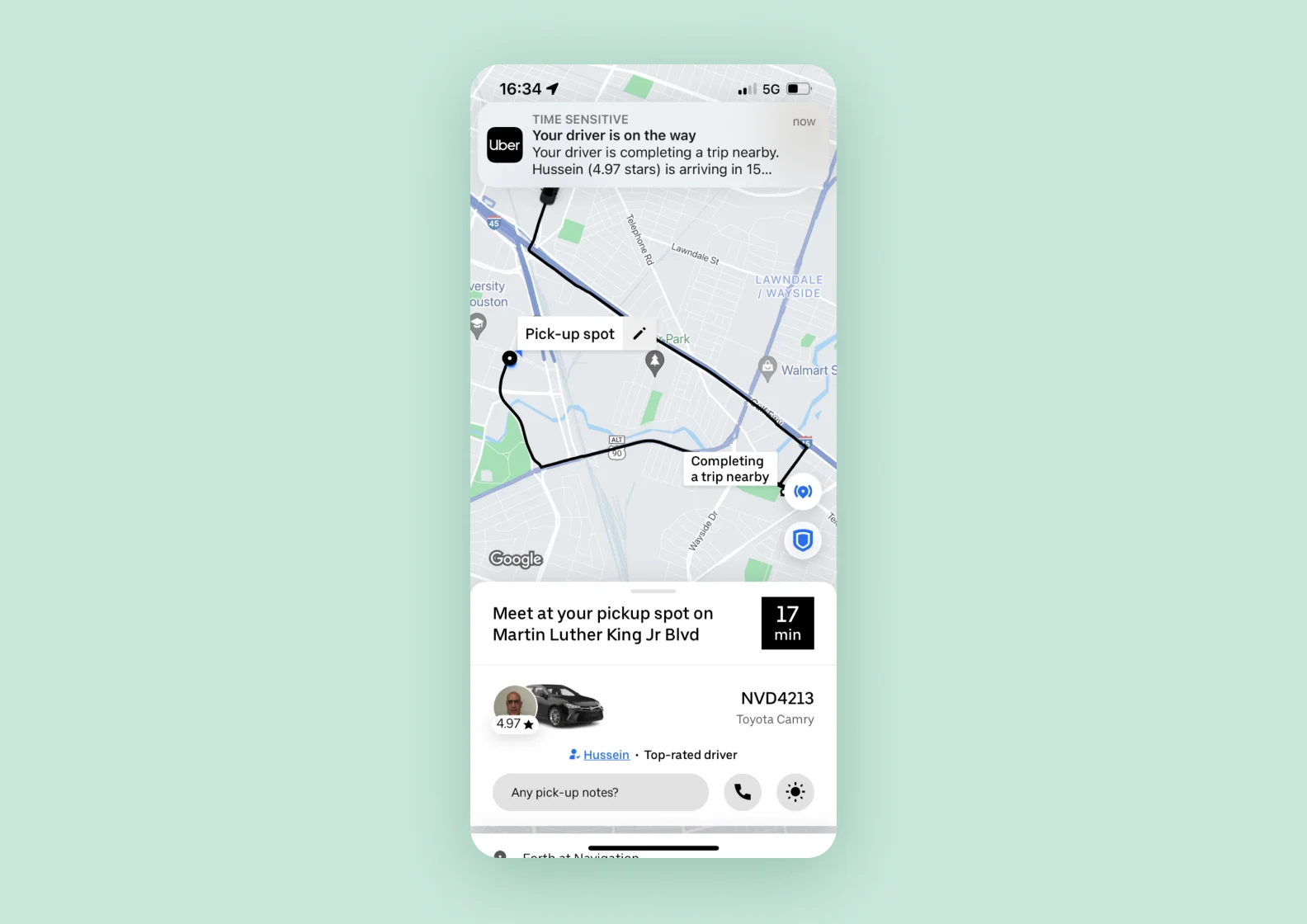 A screenshot of a user’s side page on Uber with information about a ride