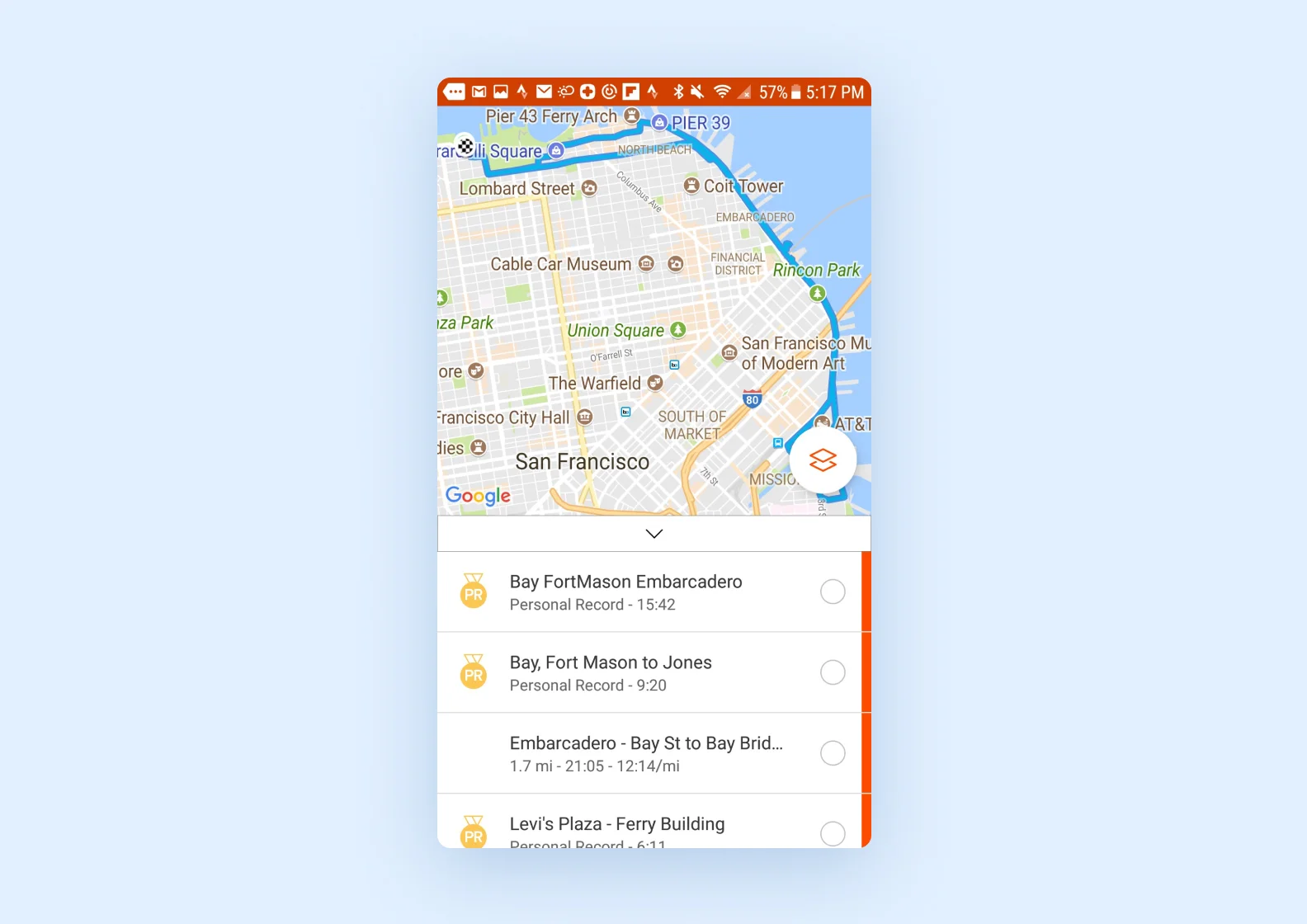  A route of a running training on Strava