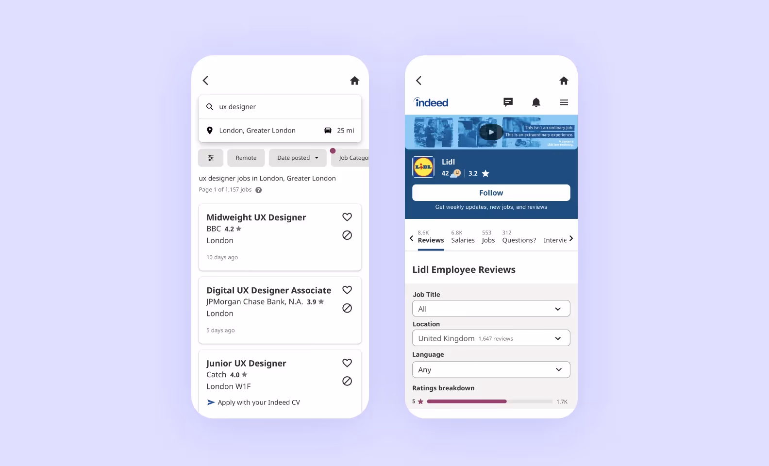 Indeed search results screens