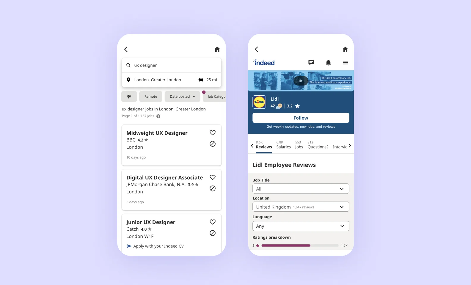 Indeed search results screens