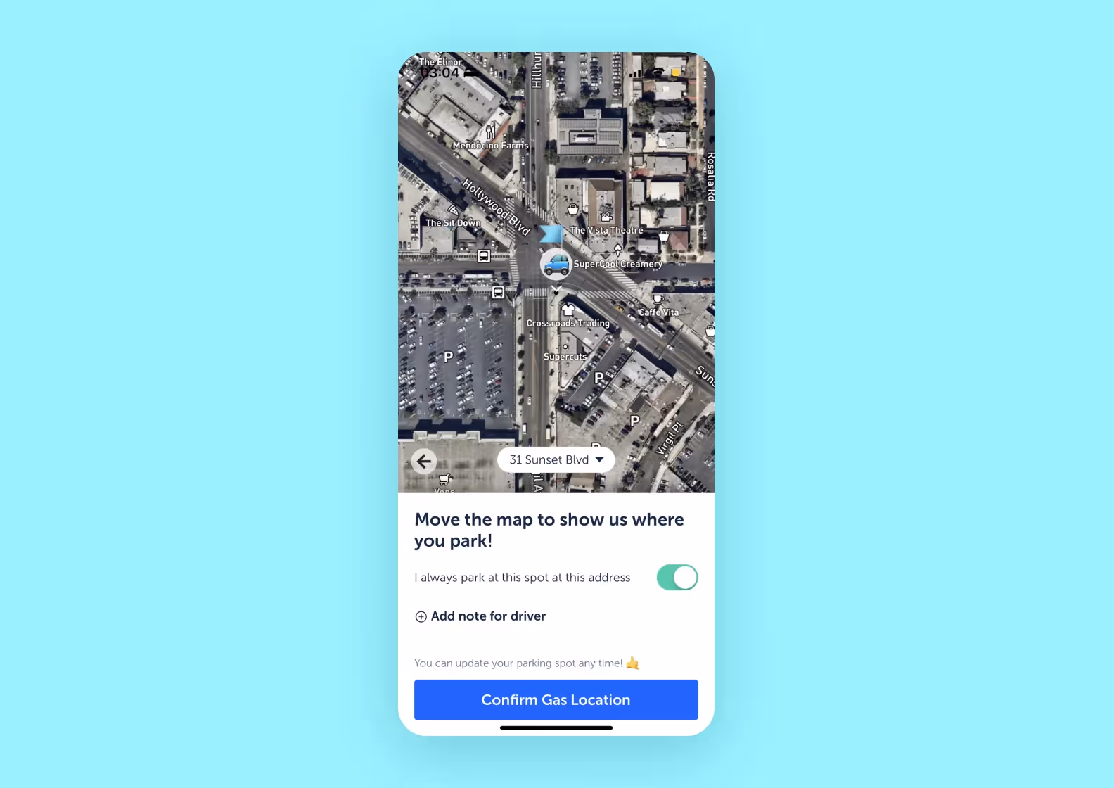 Satellite map with a pin to confirm delivery location
