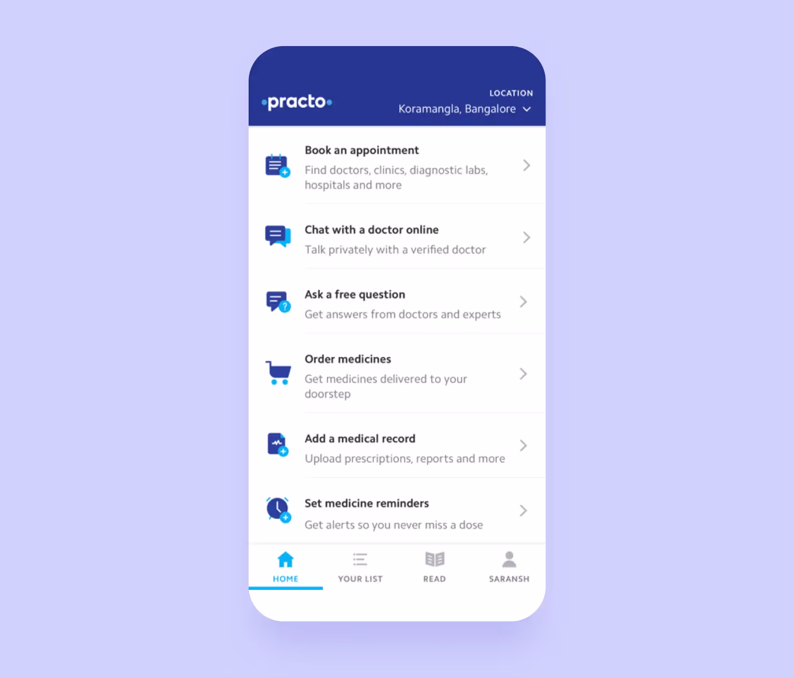 the interface of the Practo app