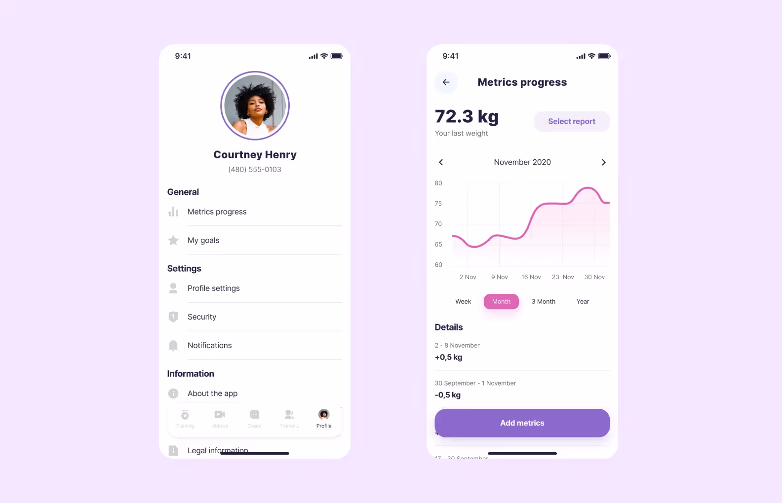 Profile and metrics features in the Fitness app