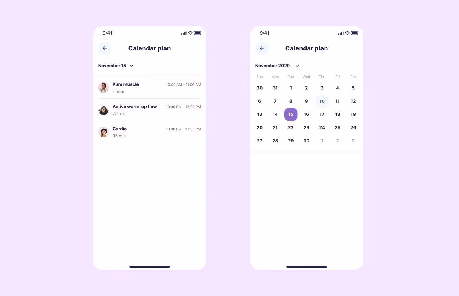 Calendar feature in the Fitness app