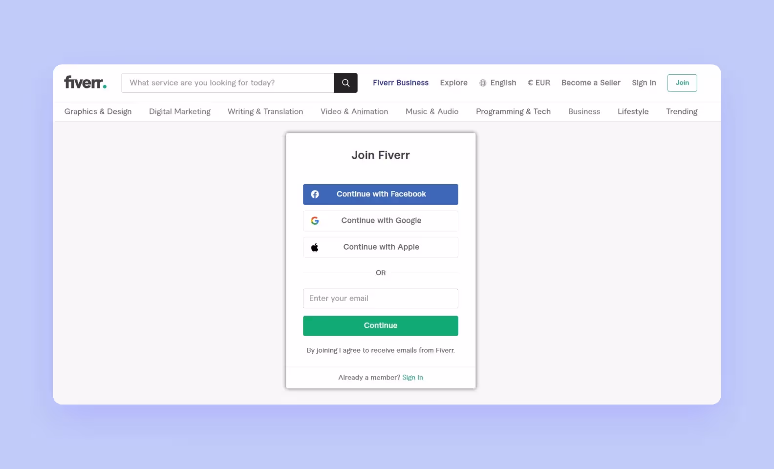 Fiverr registration form screenshot