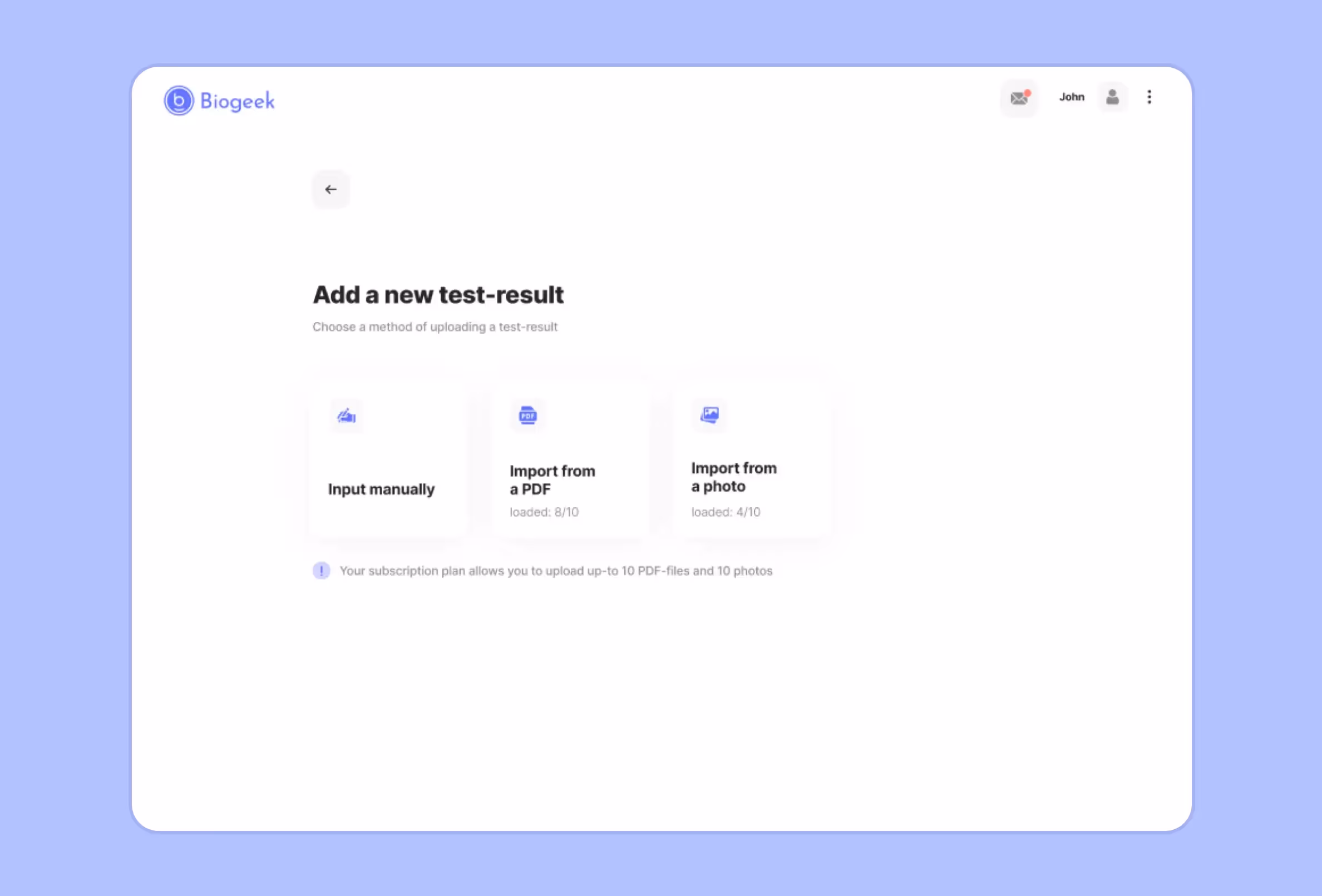 Screenshot of a Biogeek page where test results are added