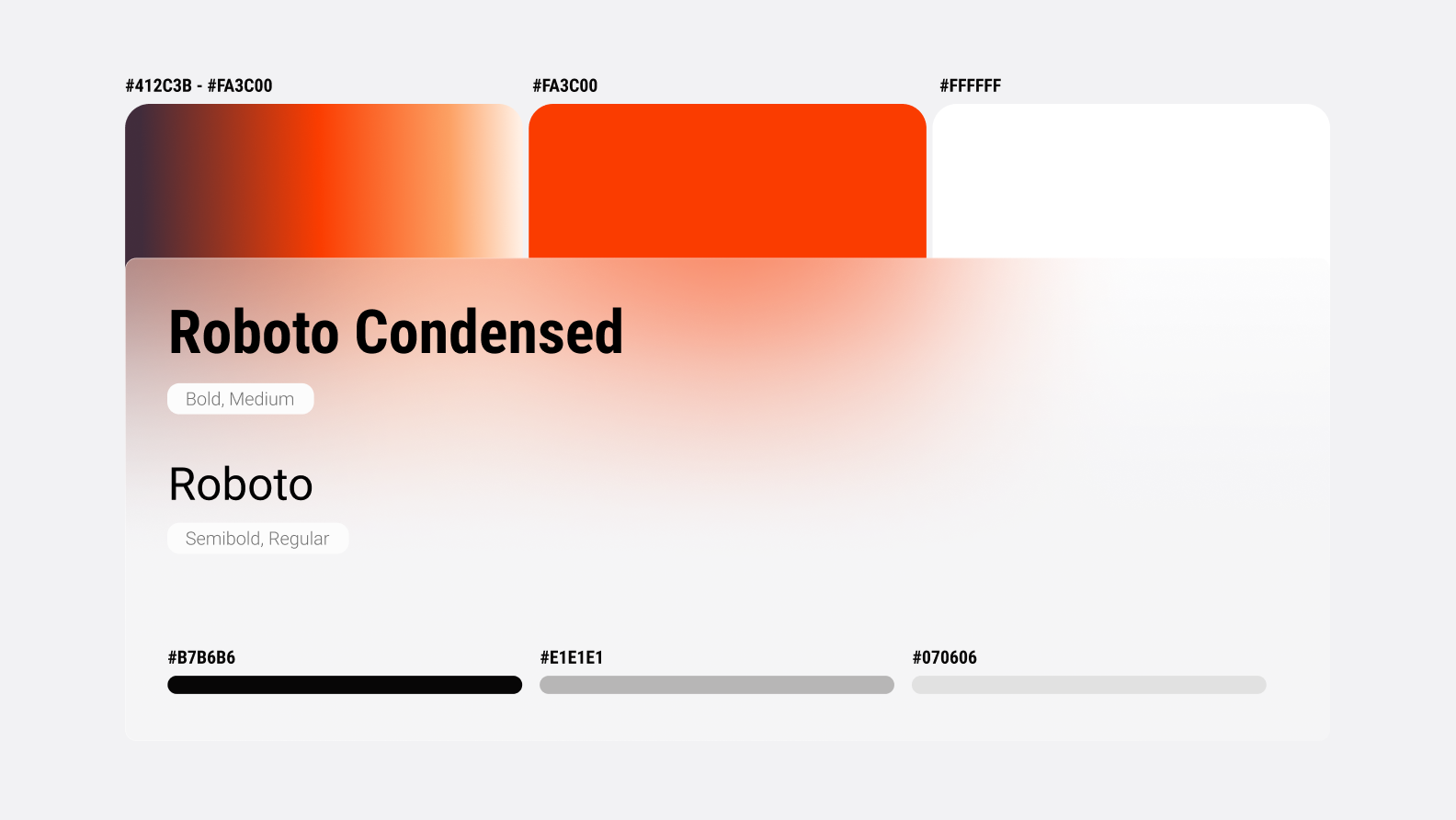 Ключевые элементы стиля: энергичный градиент от алого к оранжевому и сочетание шрифтов Roboto и Roboto Condensed