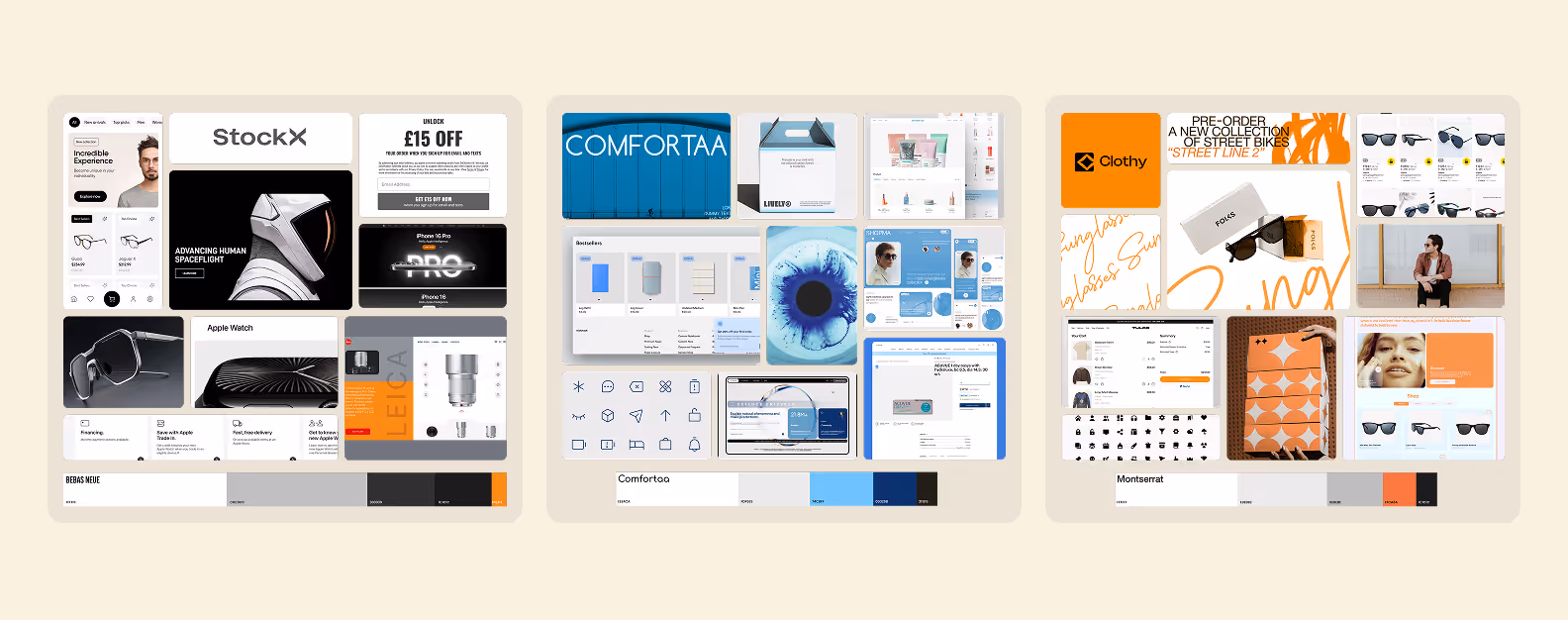 Мудборды для маркетплейса очков: разные визуальные стили — медицинская эстетика, fashion-подход, технологичные тренды