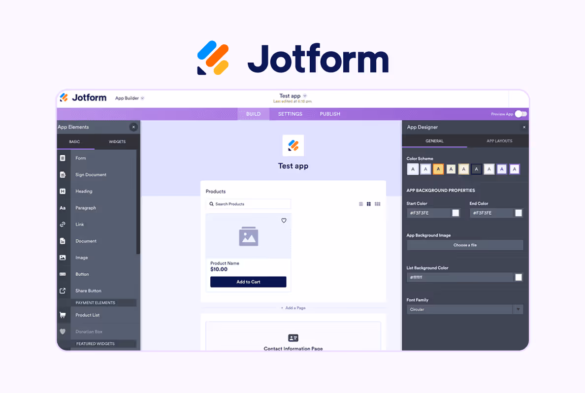 Логотип и экраны конструктора приложений Jotform Apps