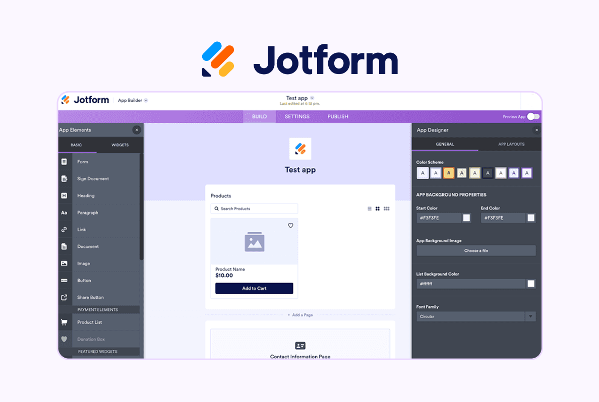 Логотип и экраны конструктора приложений Jotform Apps