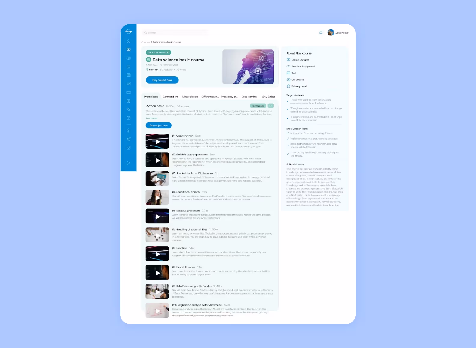 The design of a course page on Zeroney