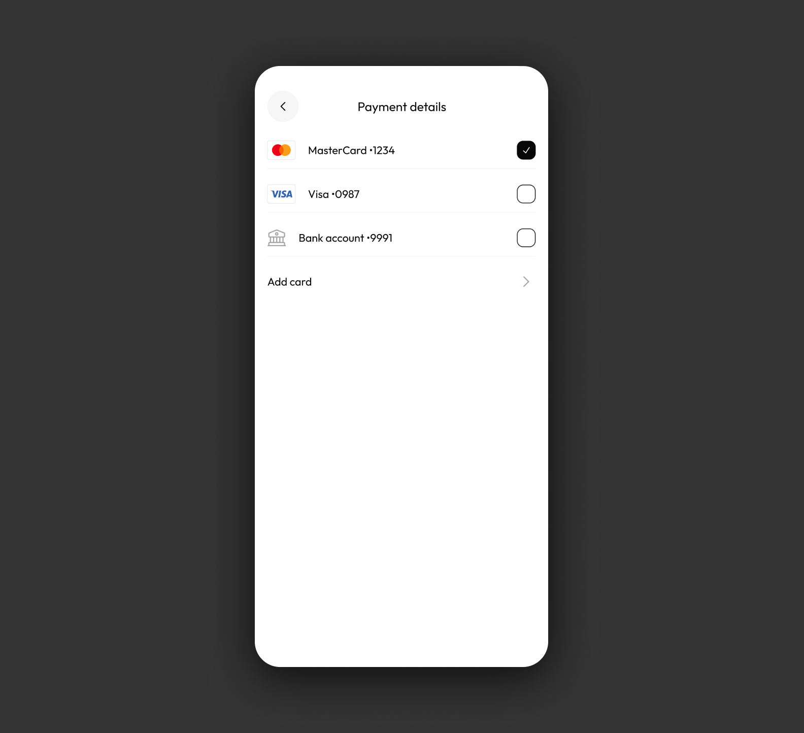 The Payment details screen design