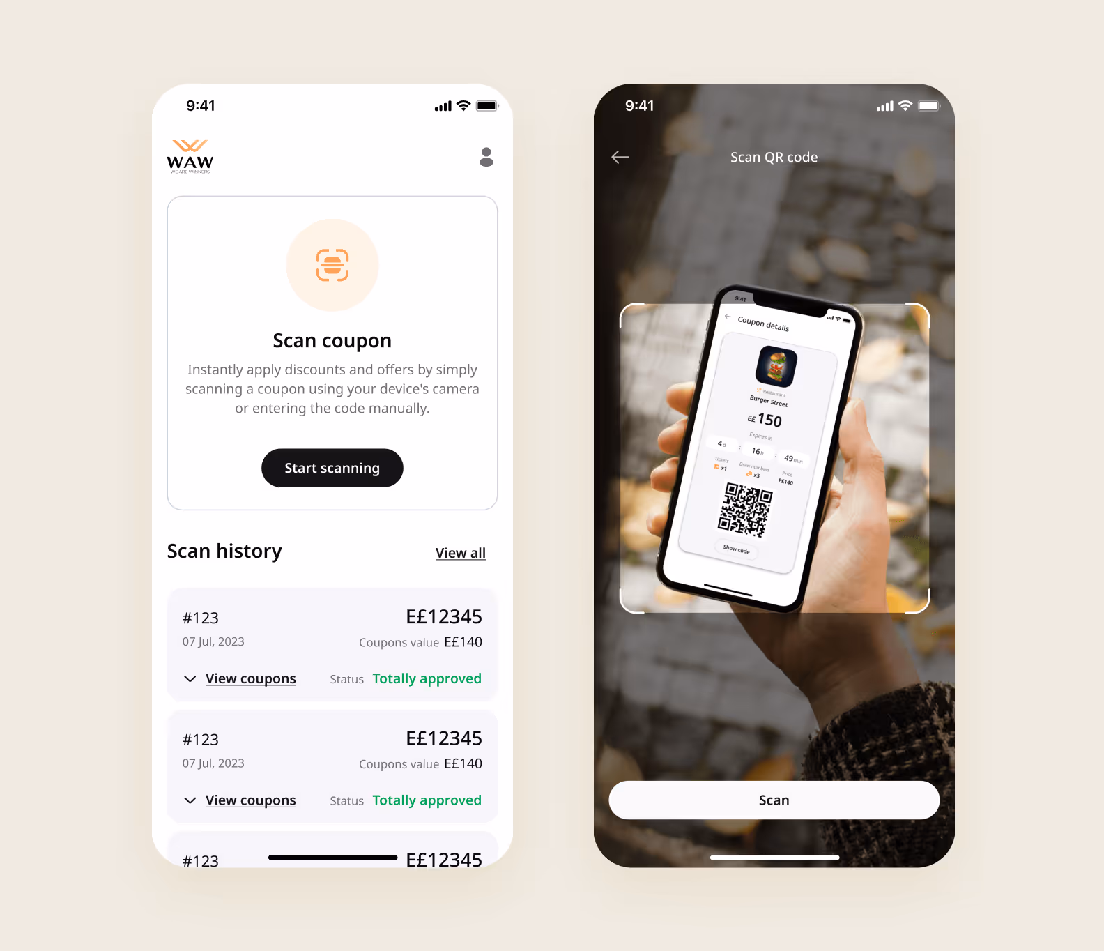 The screens of the coupon-scanning app