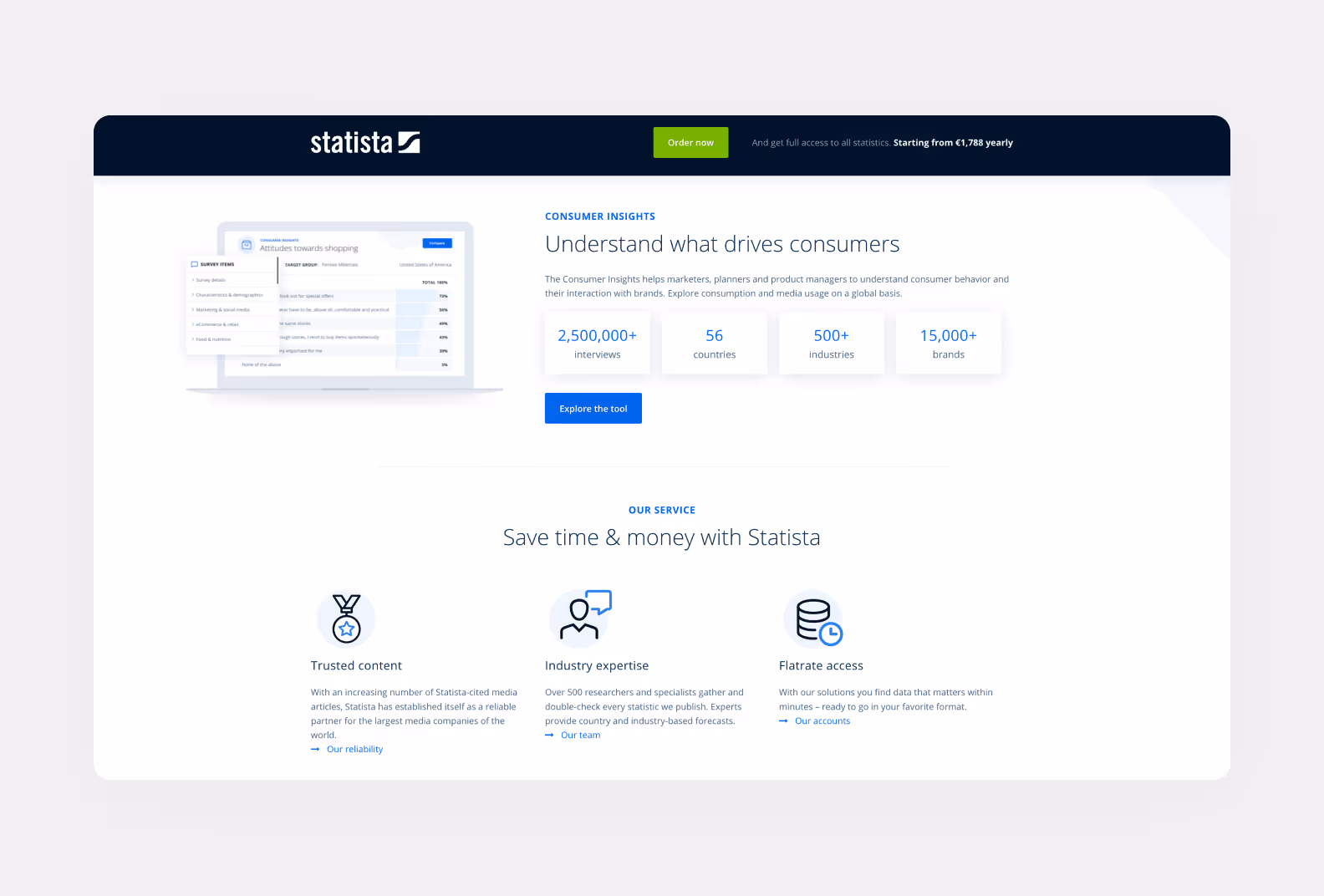 page of statista.com showcasing the benefits of their platform