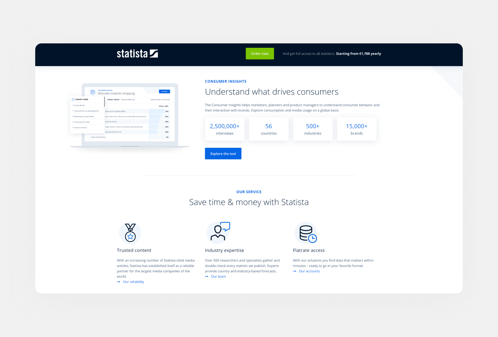 page of statista.com showcasing the benefits of their platform