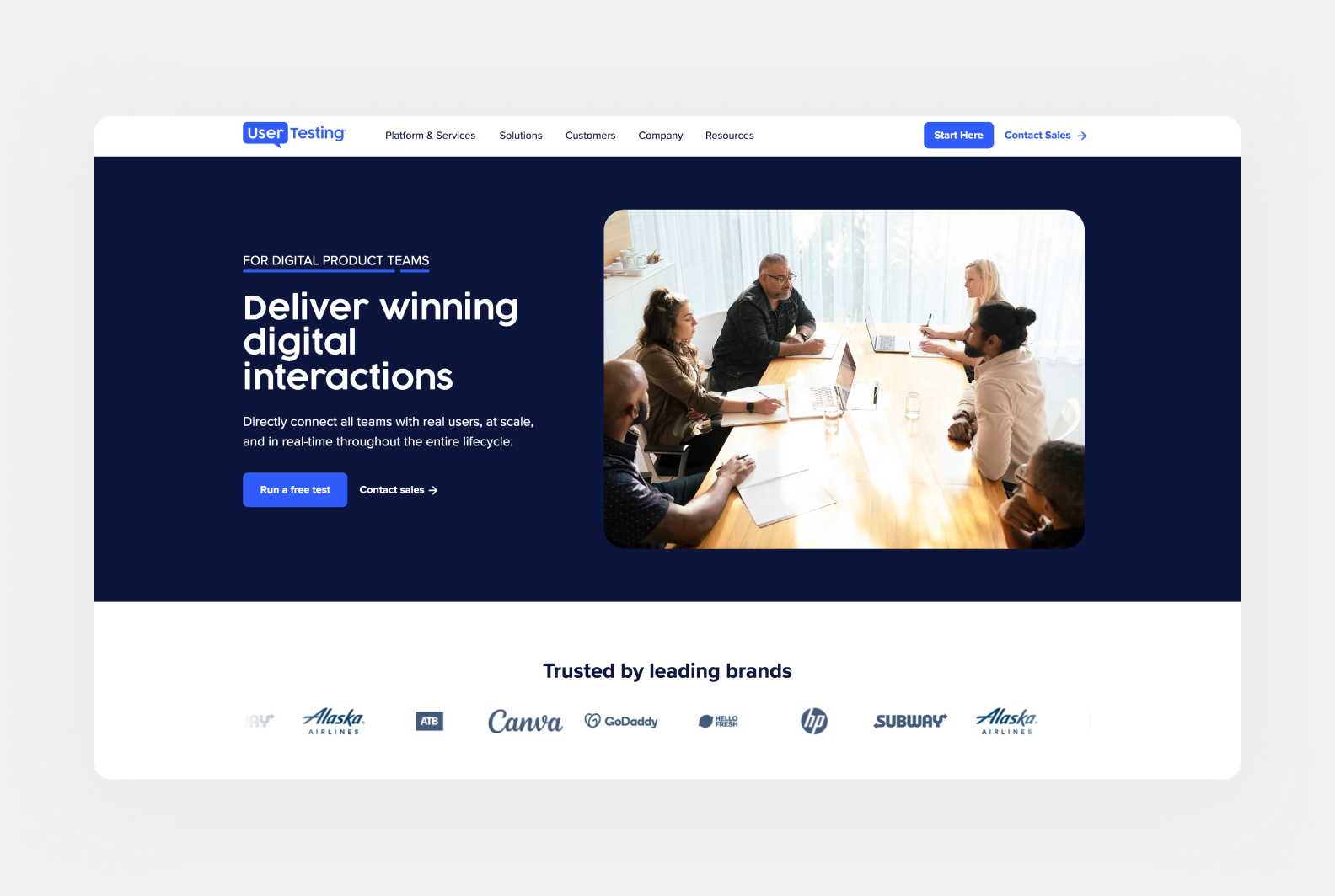 page of usertesting.com describing the benefits of their tool for digital product teams