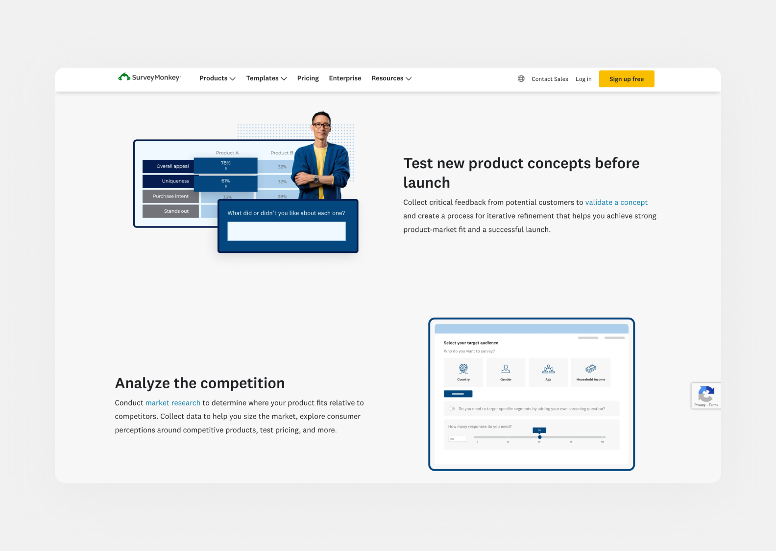 page of surveymonkey.com describing the platform's capabilities for product testing and market research