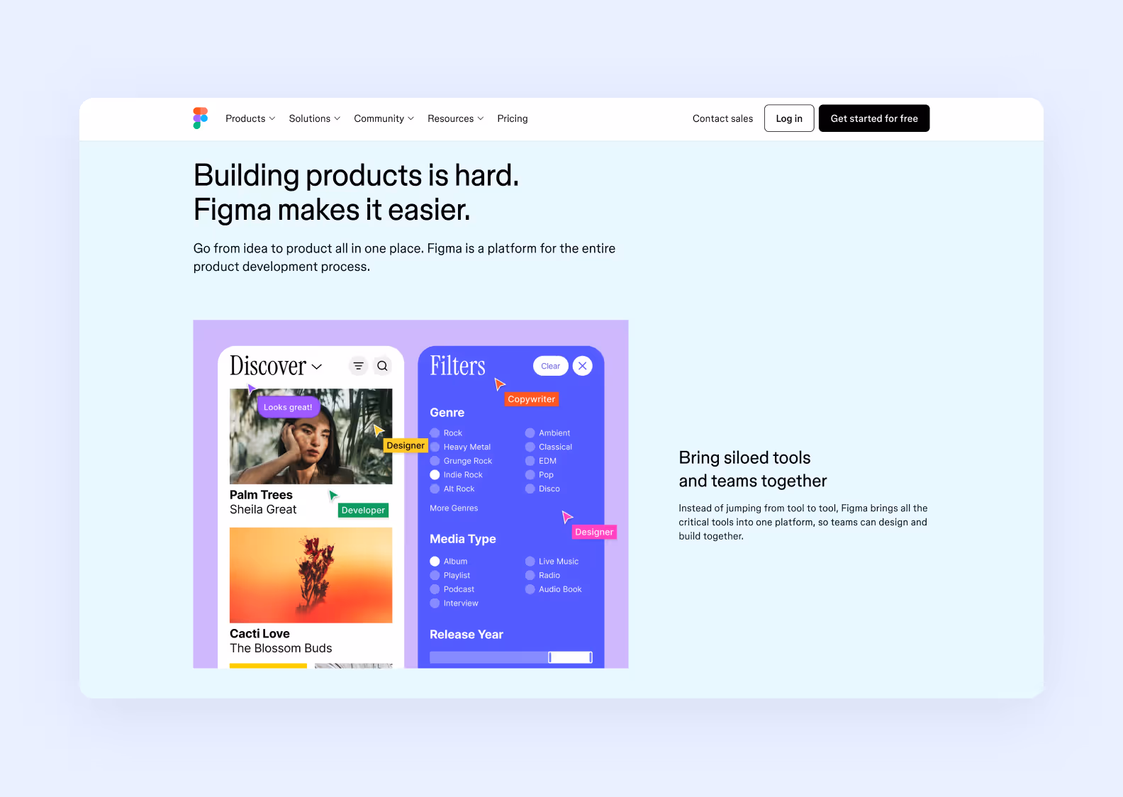 page of figma.com describing the advantages of Figma for product development