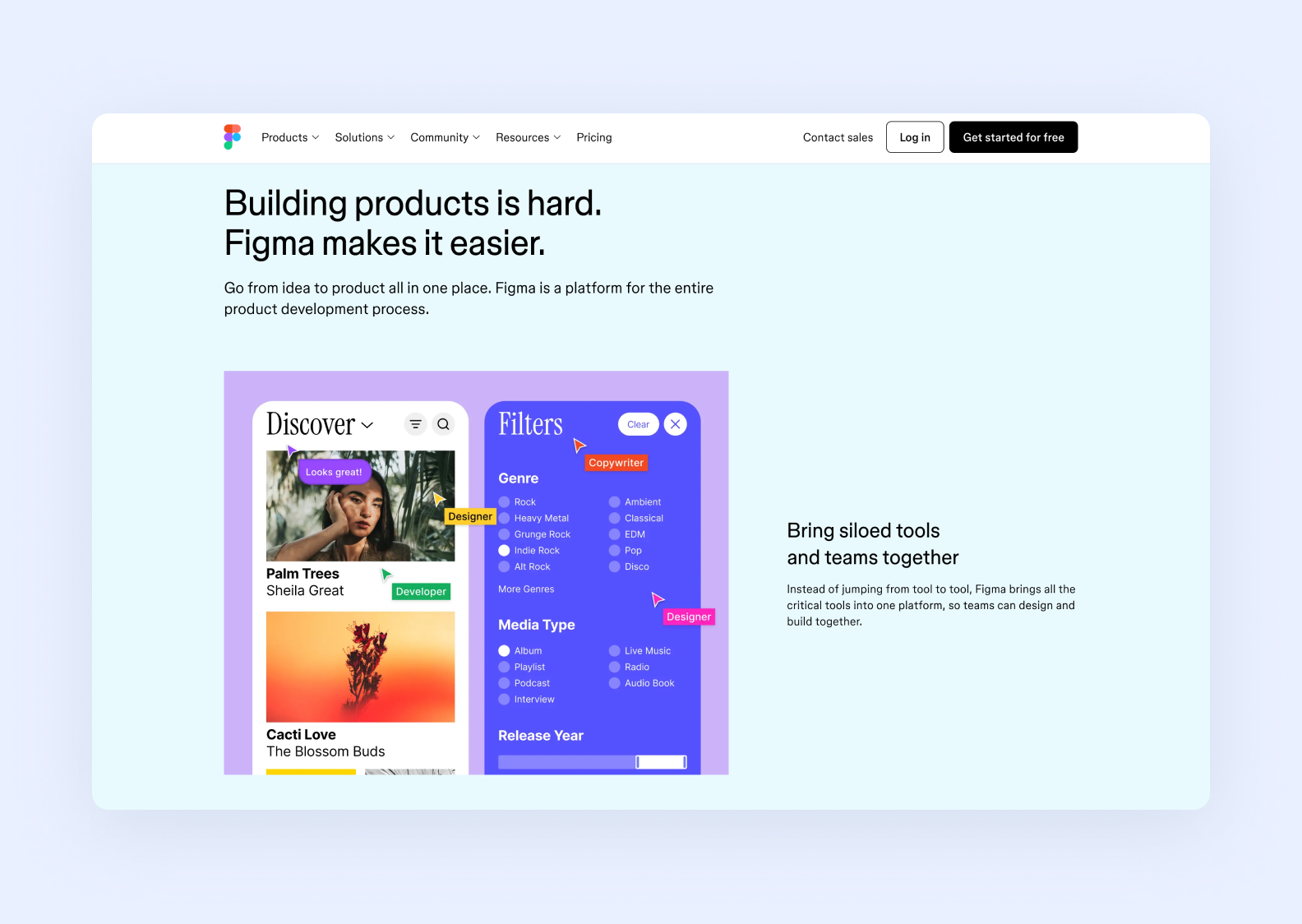 page of figma.com describing the advantages of Figma for product development