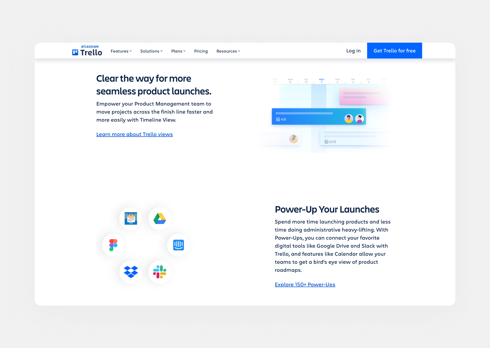 page of trello.com describing the platform’s benefits for launching software products