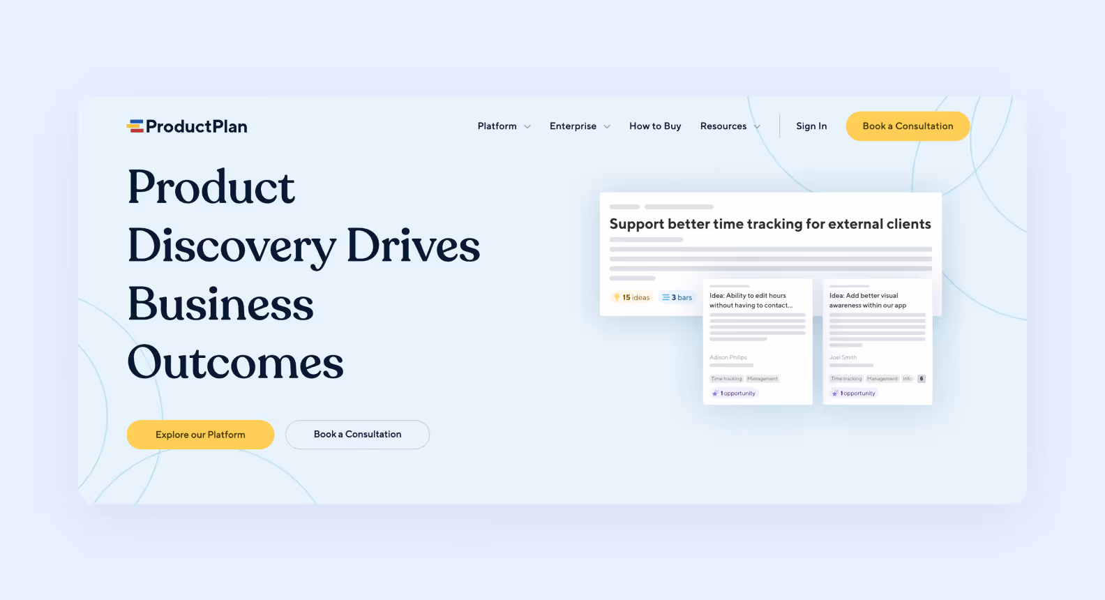 page of productplan.com describing the benefits of product discovery