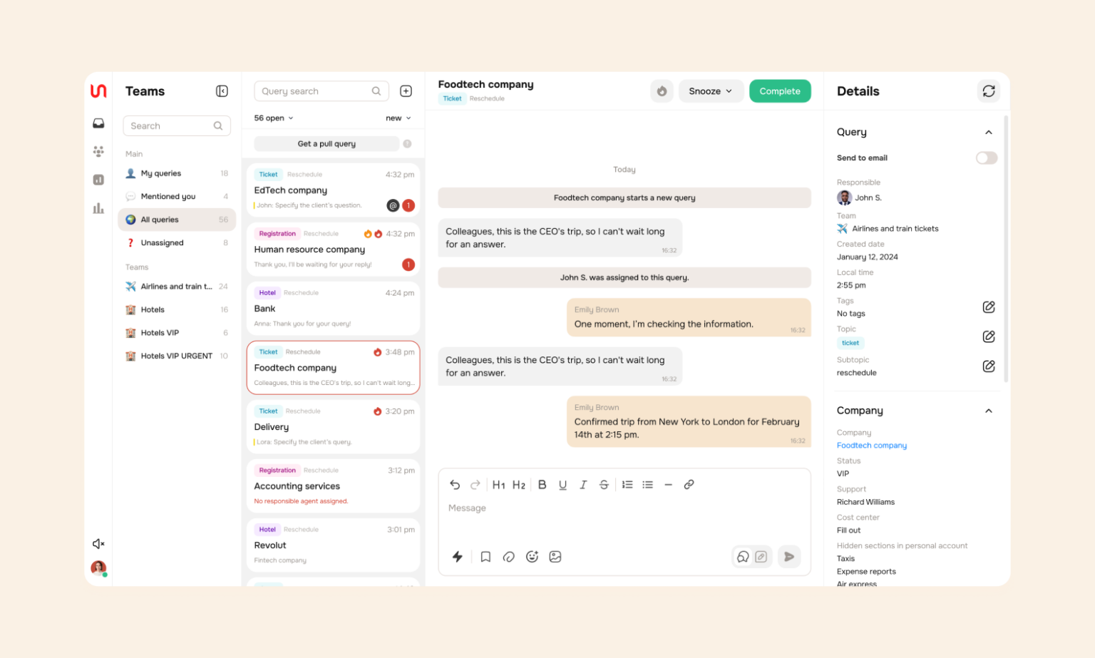 Interface of a customer support web app