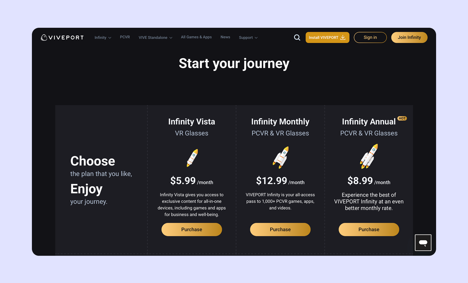 A screenshot of 3 plans offered by Viveport Infinity for VR hardware